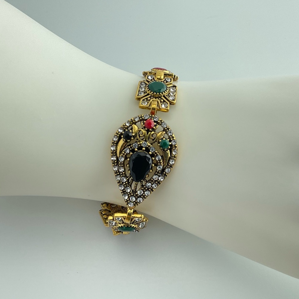 Baroque, Multicolor Gemstone Link Bracelet, Marked 925,  Faux Stones, Plated